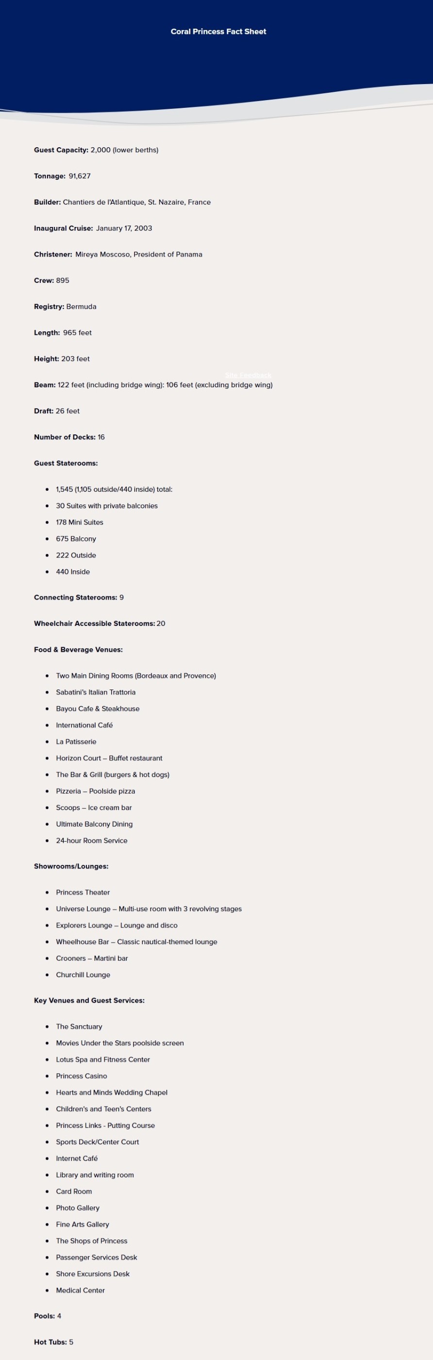 Princess Cruises Coral Princess Fact Sheet