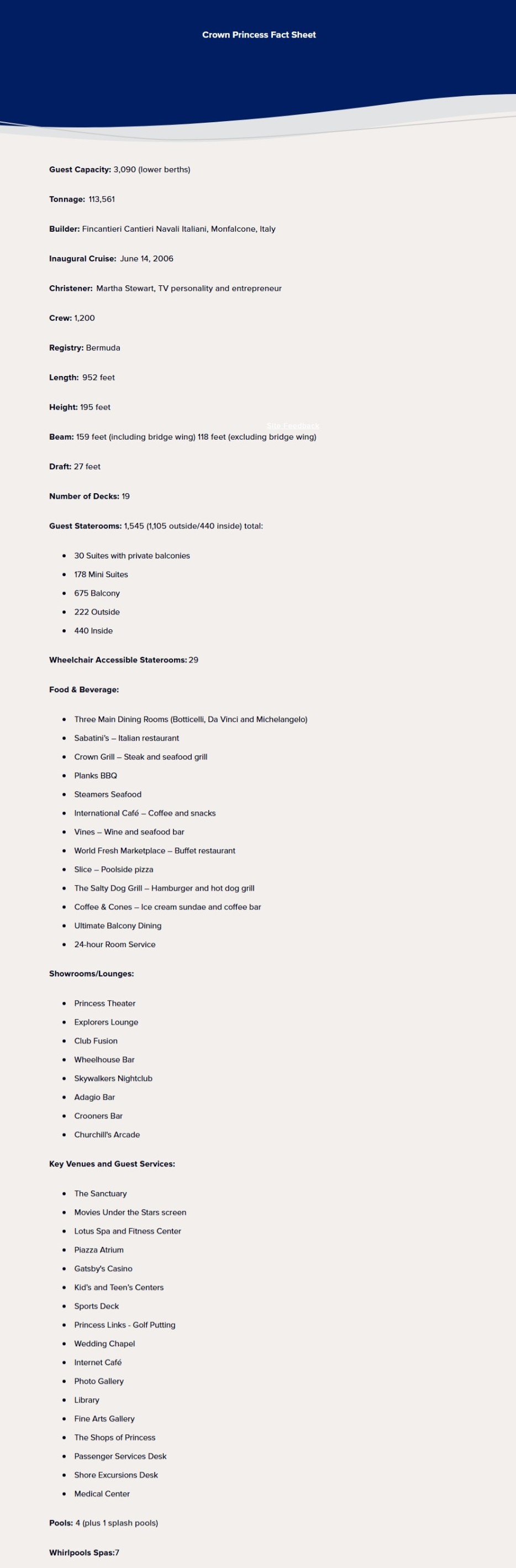 Princess Cruises Crown Princess Fact Sheet